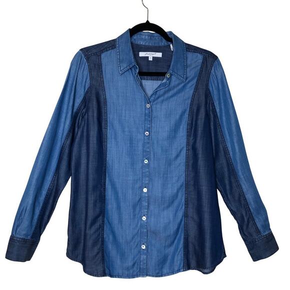 Foxcroft Women's Button-up Shirt Tencel Long Sleeve Shirt Color Block Retro - Picture 1 of 13